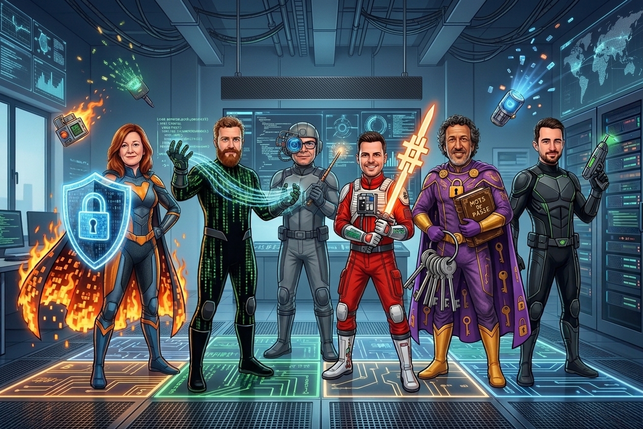 Illustration : six personnages en costumes de super-héros alignés dans une salle informatique imaginaire, portant un bouclier-cadenas, une combinaison de code, une baguette, une épée, un grimoire de mots de passe et un trousseau de clés
